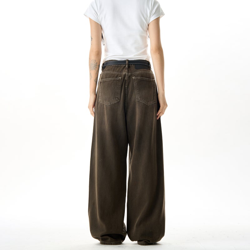 American Style High Street Vintage Wash And Dye Brown Jeans Men'S And Women'S Cleanfit Loose Straight Wide Leg Draping Pants - Image 5
